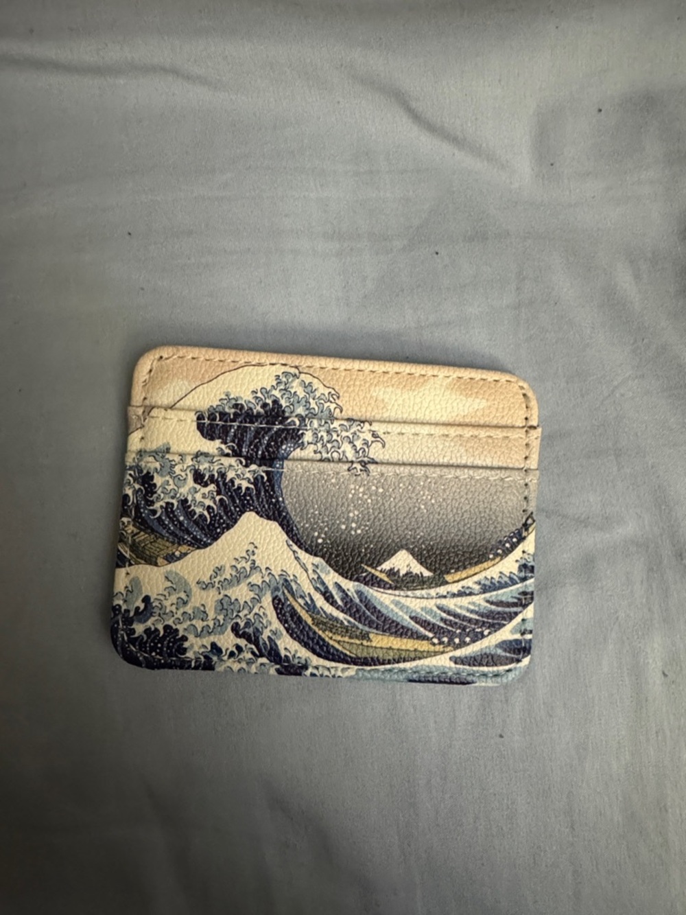 Wave Print Leather Card Holder in Blue and Cream